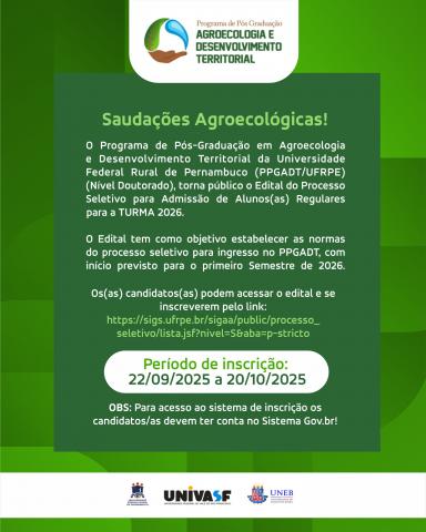 Processo Seletivo PPGADT-UFRPE - ano de entrada: 2026